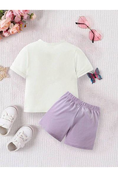 LOUİSA Girl's Lilac Cat Shorts-T-Shirt Printed Set
