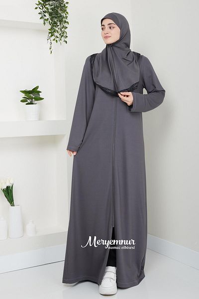 MERYEMNUR Φόρεμα προσευχής με φουλάρι με φερμουάρ Anthracite - Δύο κλωστές