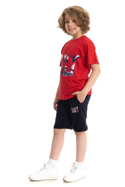 Beneti Boy's Red-Navy T-shirt and Shorts Set - 4-13 Years, Licensed, Pocketed and Folded Leg