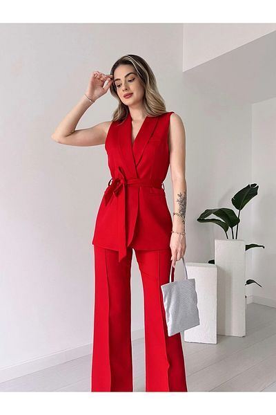 HARMONY GLOBAL Red Belted Vest Palazzo Pants Double Set