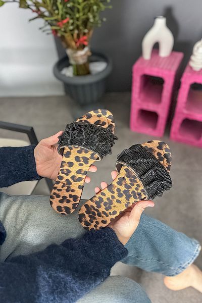 SHOEBELLAS Data Leopard Tassel Stone Detailed Women's Slippers