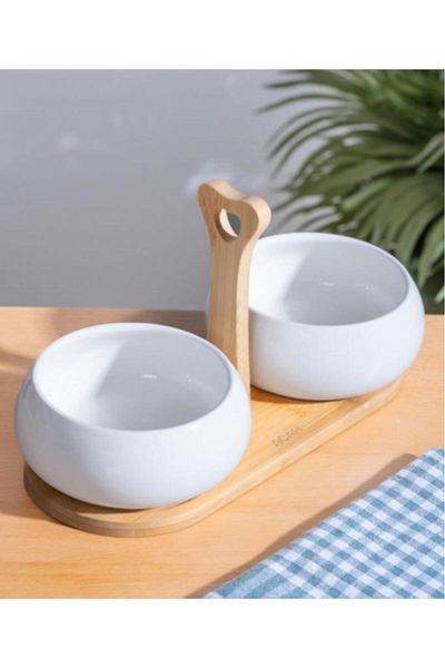 ACAR Pamira Bamboo 2-Piece Porcelain Bowl Set - Stand Snack Bowl Presentation - YAM-06131