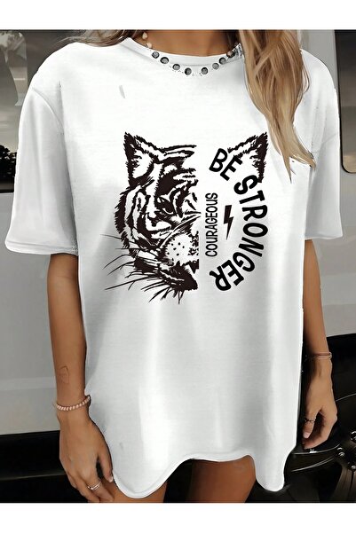 over head oh تيشيرت نسائي أبيض كبير الحجم مطبوع عليه نمر قوي