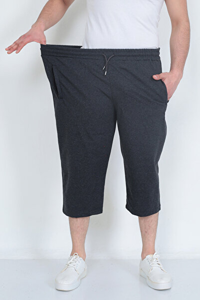 Genel Markalar Erkek Büyük Beden Battal Gri Pamuklu Cepli Bermuda Kapri Eşofman Altı