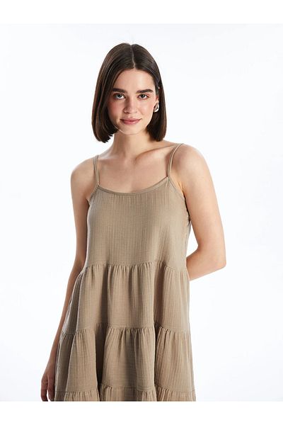 LC Waikiki Xside Light Brown U-Neck Straight Strap Women's Dress