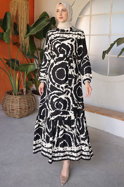 benguen 12018 Patterned Hijab Dress Black