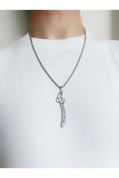 axexuar Silver Colored Steel Zulfiqar Sword Necklace - Twist, Stainless Anti-Tarnish