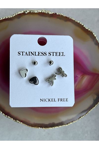 axexuar Real Steel Silver Color 3-Piece Earrings Heart Butterfly Ball Earrings Stainless Tarnish