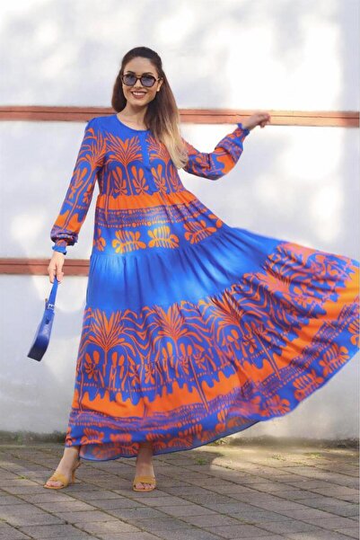 Ritnice فستان طويل برتقالي أزرق مرن للنساء من بريفي مصنوع 100% من القطن