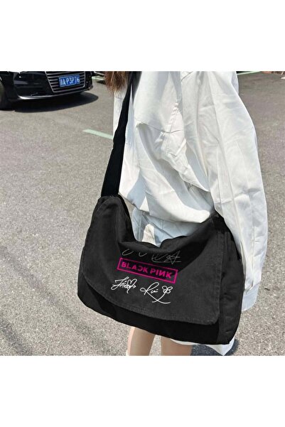 Toum Geantă neagră unisex cu poster imprimat cu semnături Blackpink din seria...