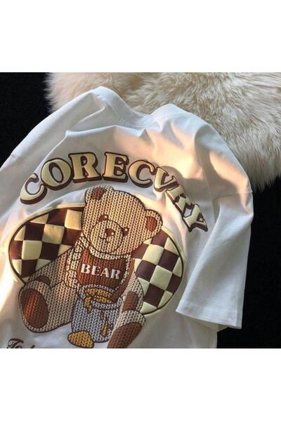 Toum Tricou alb supradimensionat unisex Damphaobi - Imprimat cu ursul retro Love