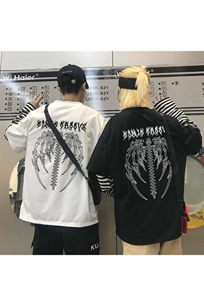 Toum Tricou alb supradimensionat unisex Damphaobi Gothic Tribal - Imprimat fa...