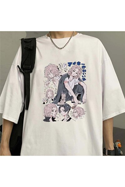 Toum Tricou alb unisex supradimensionat cu imprimeu cu colaje Tokyo Revengers...