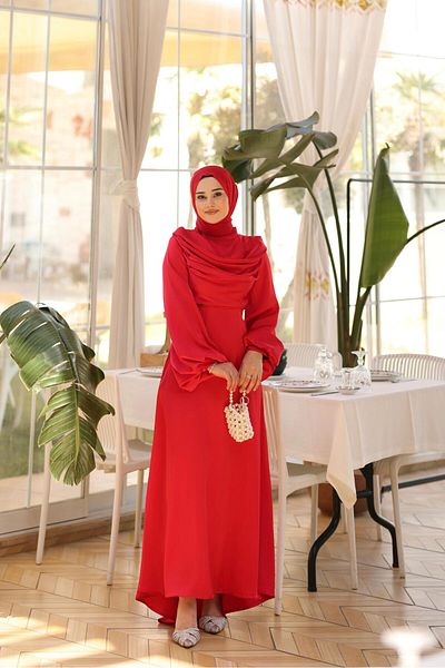 By Atelier Red Satin Hijab Evening Dress