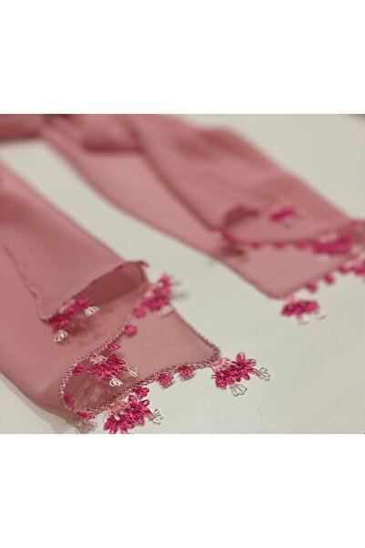 İĞNEOYASI İğne Oyası Çiçekli Pembe Fular - EL İŞİ