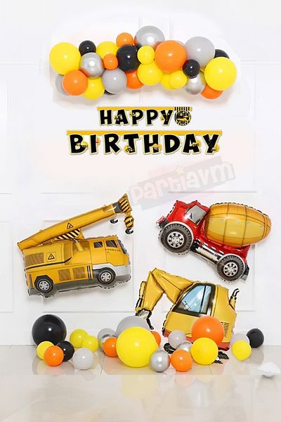 PARTİAVM Construction Concept Balloon Chain Truck Scoop Crane Set Construction Theme HBD Background Pump+Adhesive Set