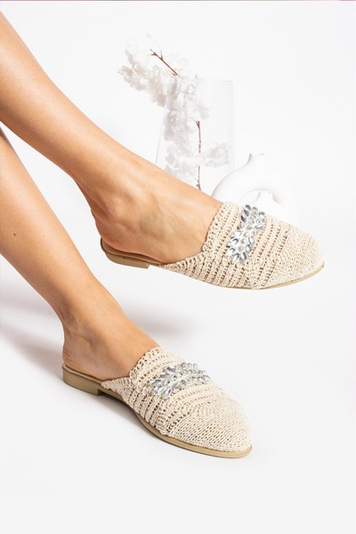 Fogs Kadın Taşlı Krem Hasır Örme Terlik Günlük Sandalet Terlik