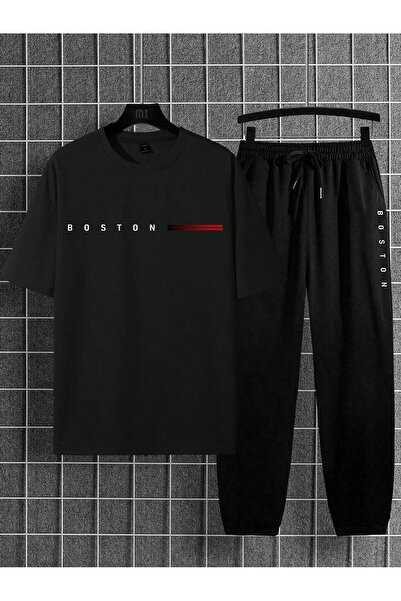 over head oh Чоловічий чорний оверсайз-футболка з принтом Boston і комплект джоггерів