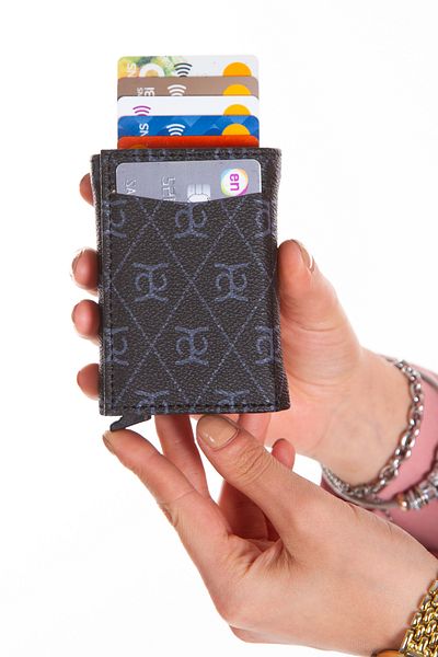 Newish Polo Elegant Patterned Black Faux Leather Unisex Card Holder Wallet - With Mechanism