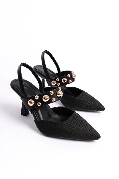 Anıl Ayakkabı نمط القش الأسود - حذاء تروكلي بحزام وكعب ستيليتو