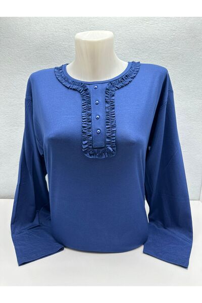 LÜKS MİRAYDA بلوزة نسائية من الليكرا بنمط الدانتيل والتفاصيل الحجرية - مقاس عادي