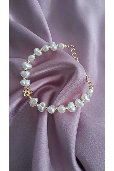 Judas Takı Woman's White Broken Pearl Stone Detailed Flower Bracelet