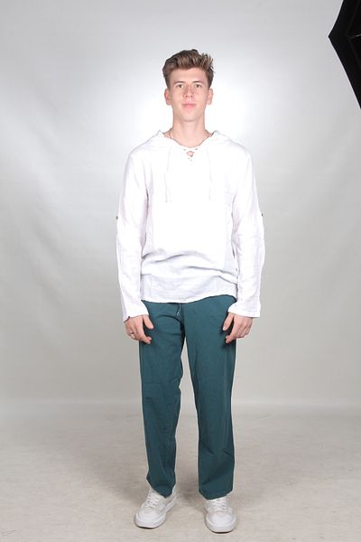 bomull textıle Men's Muslin Hooded Shirt - Lace-up and Foldable Sleeve