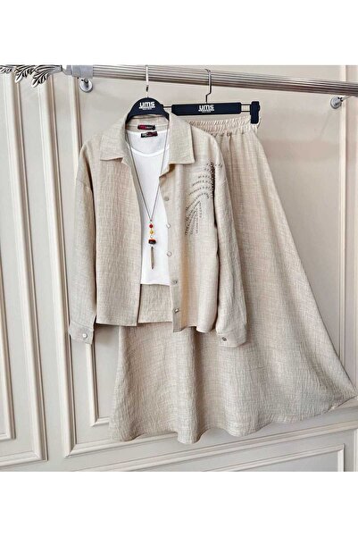 YEDİLALE طقم تنورة من الكتان المطرز بالحجر