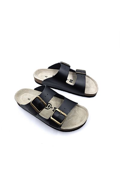 wizard slippers Мъжки черни чехли - Merlin от естествена кожа, коркова подметка