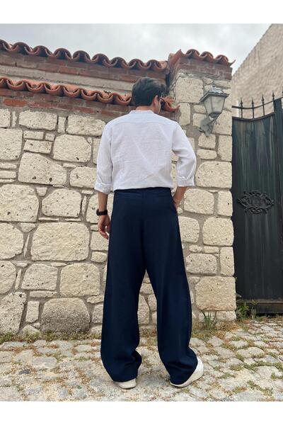 SAVA Λινό παντελόνι Navy Blue - Λεπτομέρεια μέσης