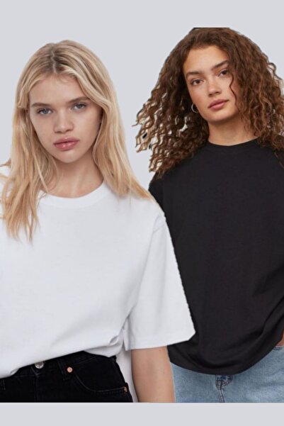 Rokeby Tricou supradimensionat din țesătură de bumbac, alb și negru, cu gât r...