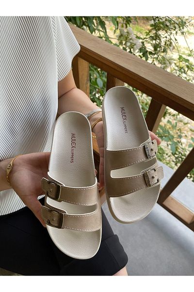 Hızlı Al Extra Comfortable Double Buckle Soft Sole Daily BEIGE CREAM Slippers