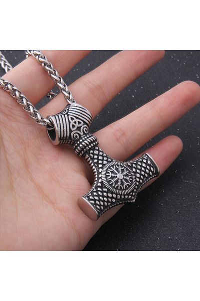 Viking Thor Mjollnir Vegvisir Triquetra Detailed 316L Steel Necklace