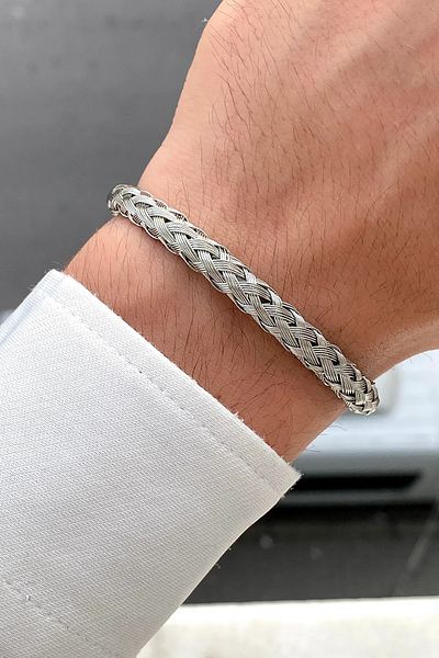 The Collection Non-tarnish Men's Silver Mesh Clamp Steel Bracelet