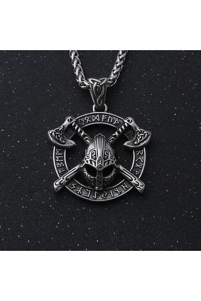 Viking Gladiator Helmet and Axe Warrior Nordic Design 316L Steel Necklace