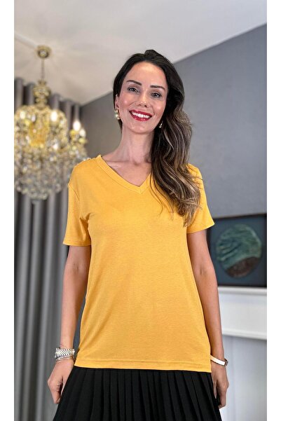 Atelier Derin Osnovni Majica sa V-izrezom u senf boji