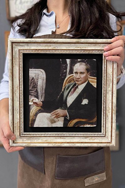 FİNS STONE DECOR Çerçeveli Tablo Taş Duvar Dekoru 30 X 30 Cm Atatürk Kahve Iç...