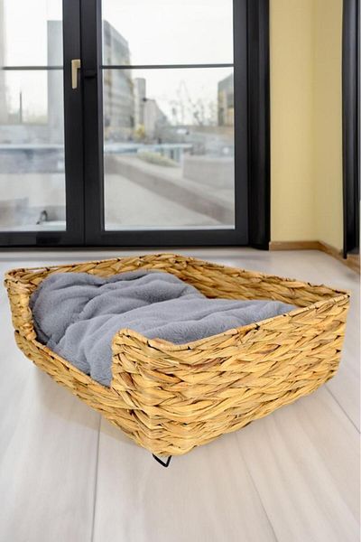 Digithome Wicker Rectangular Cat and Dog Bed with Inner Cushion 50 Cm Brown - CL-4039 C1-1-121