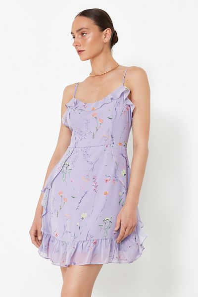 Trendyol Collection Lila gemustertes A-Linien-Minikleid mit gefüttertem Volant TWOSS20EL1267