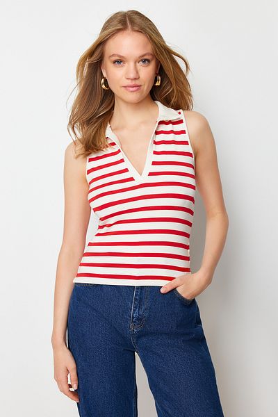Trendyol Collection Red Striped Fitted/Fitted Polo Collar Stretch Knitted Blouse TWOSS24BZ00517