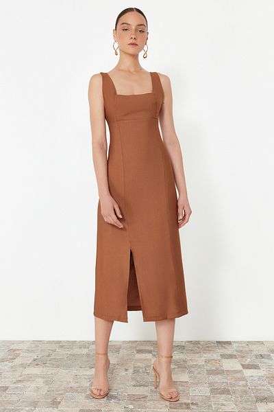 Trendyol Collection Brown A-line Square Collar Slit Strap Midi Woven Dress TWOSS24EL00142