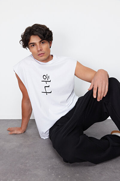 Trendyol Collection Far East Pattern White Oversize Cotton T-Shirt/Singlet - Tmnss22Al0108