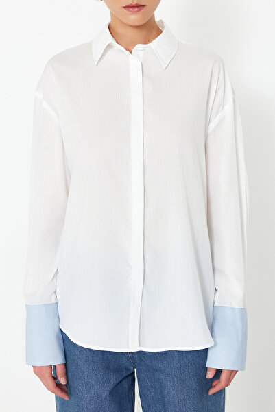Trendyol Collection Ecru Boyfriend Mold Cuff Detailed Woven Shirt TWOSS24GO00199