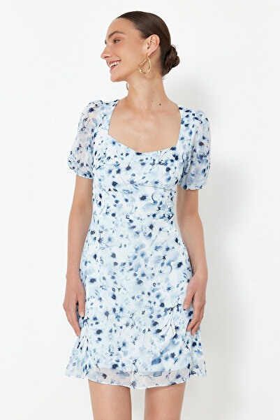 Trendyol Collection Světle modré květinové šifonové mini lemované tkané šaty A-line TWOSS22EL2168