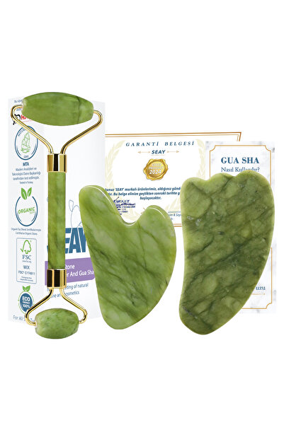 Seay Yeşim Face Roller Ve 2'li Guasha Seti Yüz Masaj Aleti Takımı Masaj Seti Doğal Taş Sertifikalı