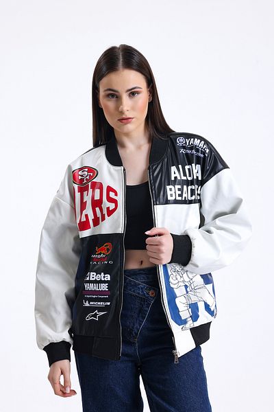 Black Level Paltoane de motociclist din piele imprimată oversize pentru femei, cu fermoar, căptușite pentru curse, paltoane Bomber College