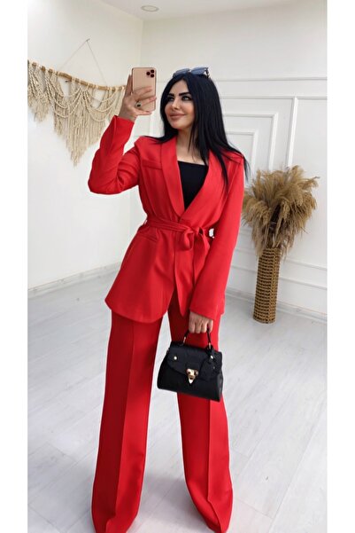 BERİ BUTİK Kadın kuşaklı Kırmızı ispanyol pantolon ceket takım