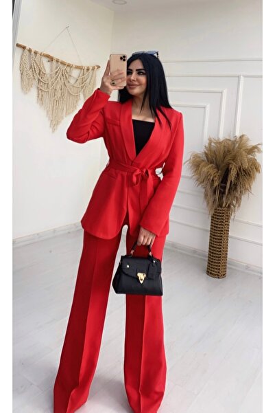 BERİ BUTİK Kadın kuşaklı Kırmızı ispanyol pantolon ceket takım