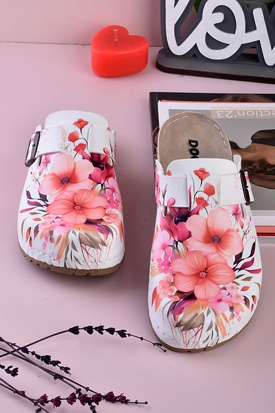 DOGİYE 8090 Παντόφλες Comfort Sabo με ροζ λουλούδι