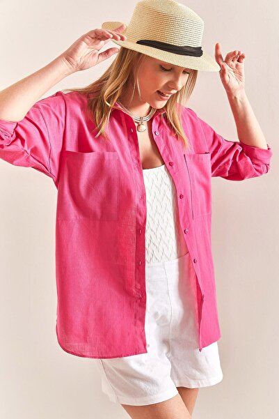 ubmbutik Kadın Gömlek - Çift Cepli Oversize Keten Gömlek